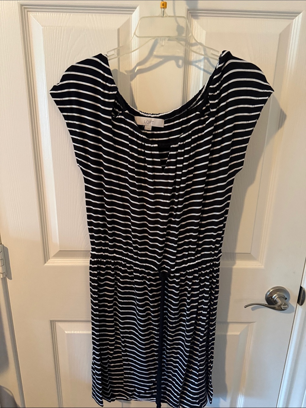 LOFT Black and White Striped Midi Dress